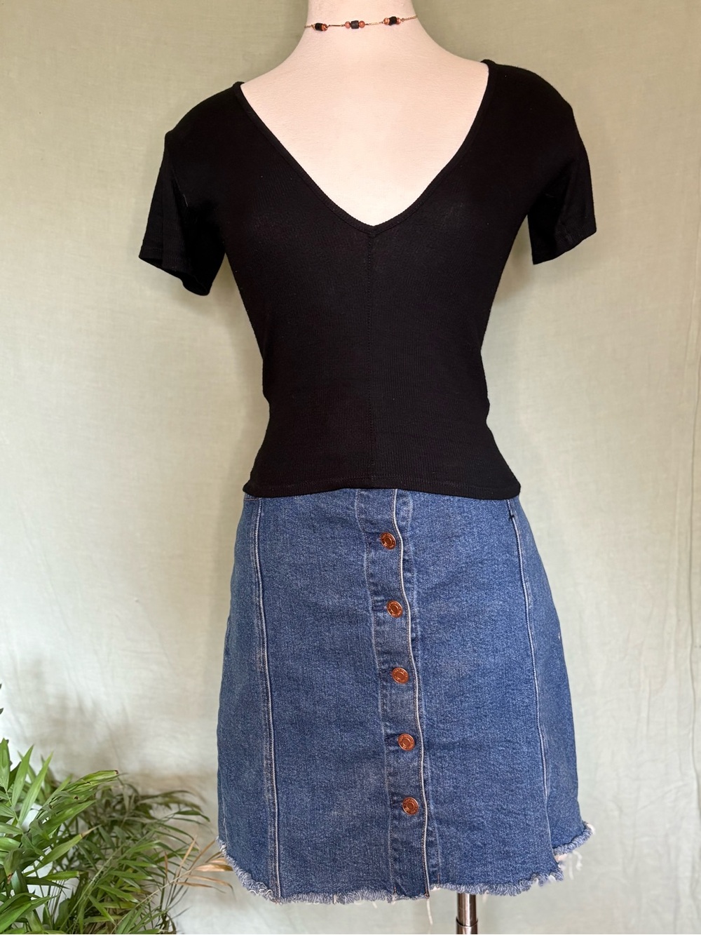 Brandy Melville Black Ribbed V-Neck Top